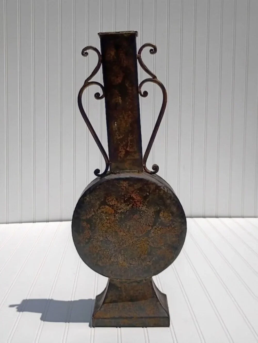 Tuscan Style Metal Vase Hand Forged Wrought Iron Bronze Finish Rustic Handles